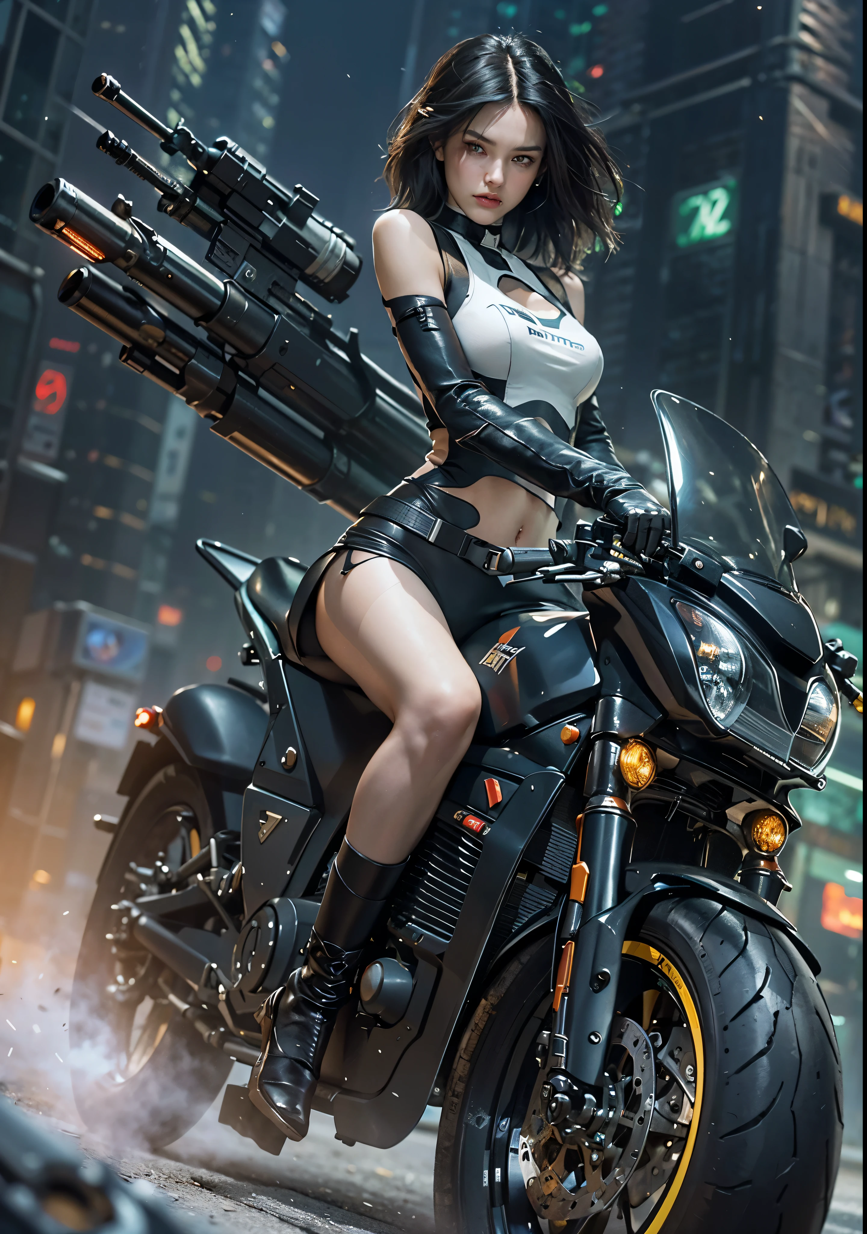 Huntress riding a high-tech motorcycle, Shoot high-tech cannons, Sparks from guns, (1 female, brown eyes, white skin, Twin-tailed black hair, choker, small breasts, skinny, lip whole, compensate, eyeliner, Russia), Wearing black one-piece leather armor, Long leather gloves, long Leather boots, In a cyberpunk town at night,  (cyberpunk theme), (masterpiece, highest quality, 8K, sharp focus, written boundary depth, best shadows, perfect light, HDR, realistic skin texture, Ultra-detailed and detailed background), wide shot