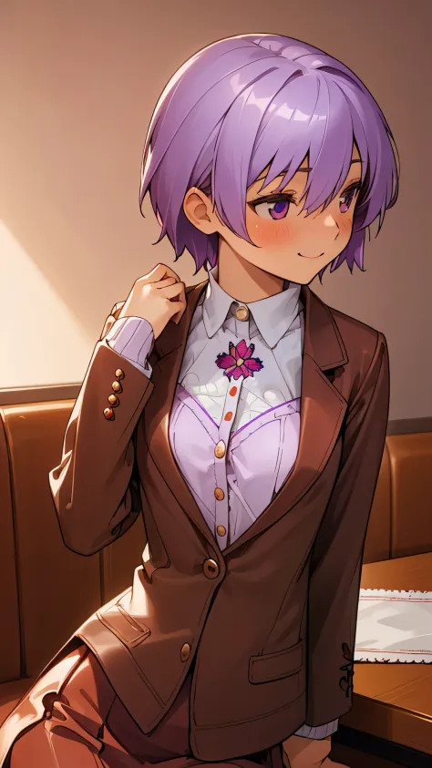 (highest quality、Super fine、real)、Energetic girl、solo、Yuitsuki Yukari、18-year-old、small breasts、slender body shape、profile、smile、blush、light purple hair、short hair、(hair between eyes) )、(white sweater with embroidery、brown leather blazer、red skirt)、Sit acr...
