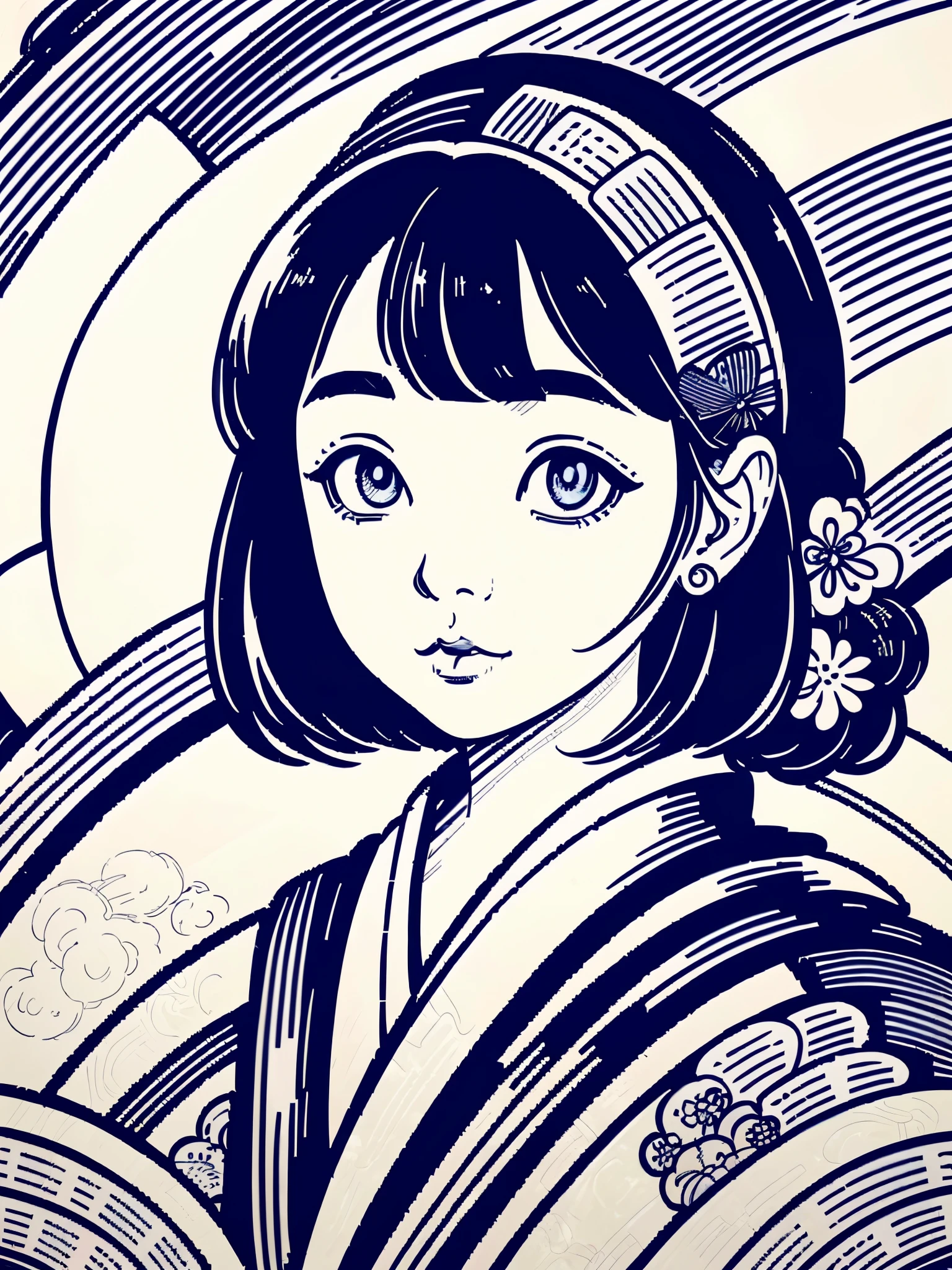 illustration of a traditional japanese girl, kimono, fancy hair, abstract and contemporary style, ((detailed and expressive eyes)), fine line art style, accent shading, blue pen only, traditional style