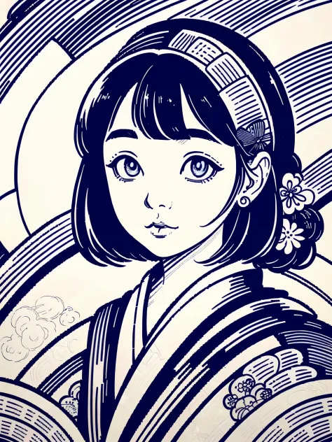 illustration of a traditional japanese girl, kimono, fancy hair, abstract and contemporary style, ((detailed and expressive eyes...