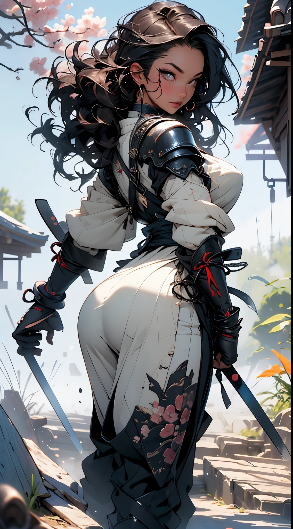 PERFECT MASTERPIECE, EXTREMELY DETAILED CG UNITY 32K UHD QUALITY RESOLUTION WALLPAPER, PHOTOREALISTIC, RAW PHOTO, PERFECT PHOTOGENIC CLARITY, OFFICIAL ART, AWARD-WINNING PORTRAIT, ULTRA HYPER-REALISTIC, ULTRA HYPER-DETAILED, SHINY REALISTIC SKIN, RAY TRACING, UNREAL ENGINE 5.8K, GLOWING AMBIENT LIGHT, The most beautiful and sexy samurai warrior girl, very long black hair, vibrant moonlight eyes, long detailed eyelashes, blushing, full pouting pink lips, curvy body type, full hips, super huge enormously gigantic tits, cleavage showing, gigantic tits bursting out, wearing highly detailed samurai battle armor with sashimono war flag, (arching her back in a sexy seductive slutty pose:1.3), looking at the viewer, full body portrait, cowboy shot depth of field, sexy seductive slutty facial expression, cherry blossoms blowing in the wind, cosmic aesthetic atmospheric feudal Japan background