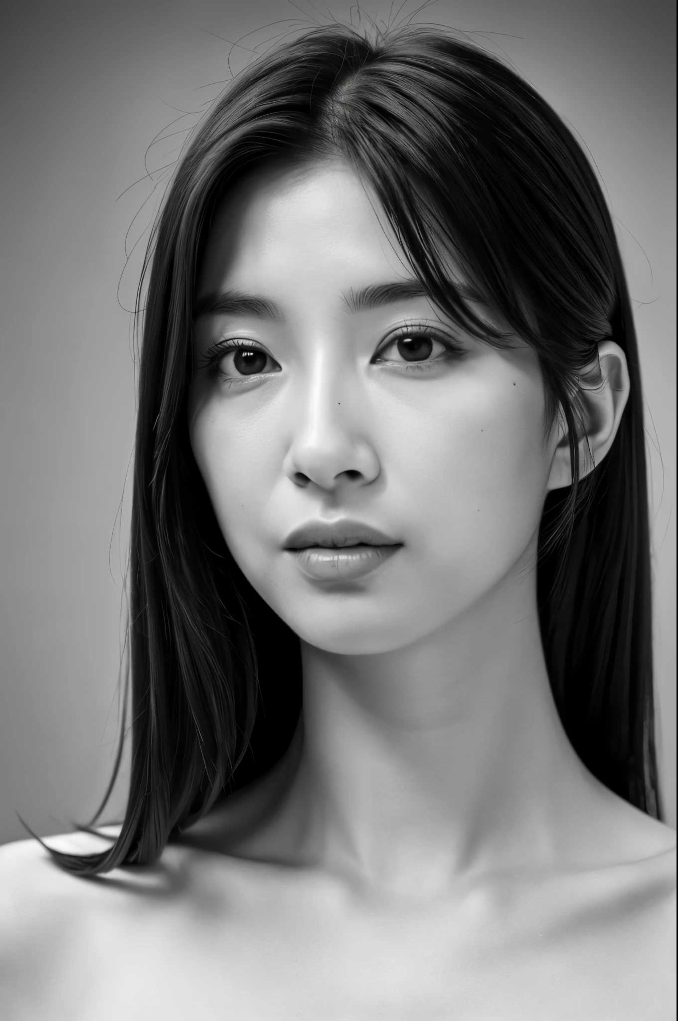 masterpiece, Best Quality, Photorealsitic, Ultra-detailed, finely detail, high resolution, 8k wallpaper, Professional, high level of detail, ((Monochrome photography)), 1girl in, ((Facing the front)), ((Vermilion lips)), Detailed clavicle, face perfect, straight haired