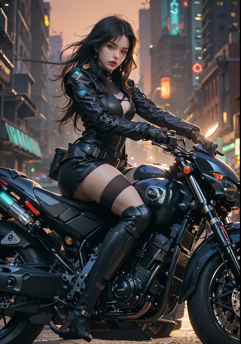 Huntress riding a high-tech motorcycle, Shoot high-tech artillery, Sparks from the gun, (1 female, brown eyes, white skin, Twin-...