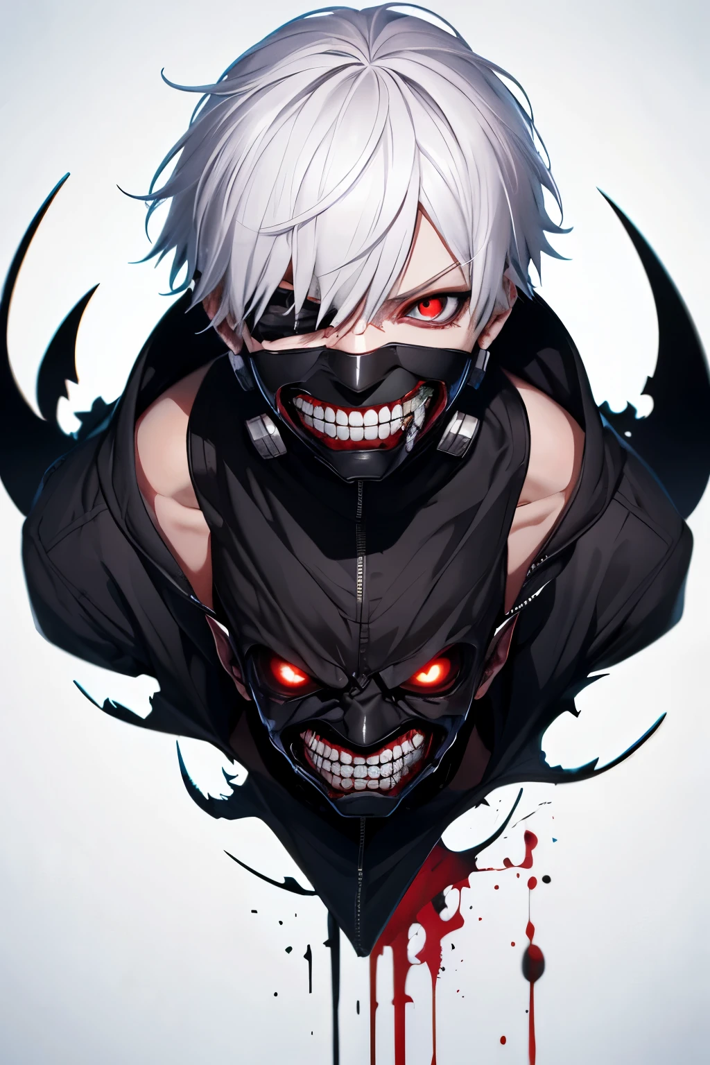 8k, anime, portrait, best quality, ultra high res, ultra detailed, high quality:1.4), (kaneki ken), white hair, red and black eye, mask | teeth, blood eyes, black jacket, white background, evil smile, evil, horror, sharp eyes, from above, sinister eyes, evil eyes