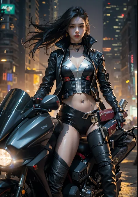 Huntress riding a high-tech motorcycle, Shoot high-tech artillery, Sparks from the gun, (1 female, brown eyes, white skin, Twin-...