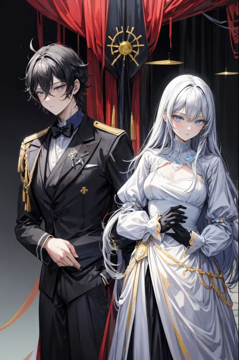 (flat color:1.1),(masterpiece:1.2), best quality, masterpiece, original, black silhouette figures of a royal man and woman