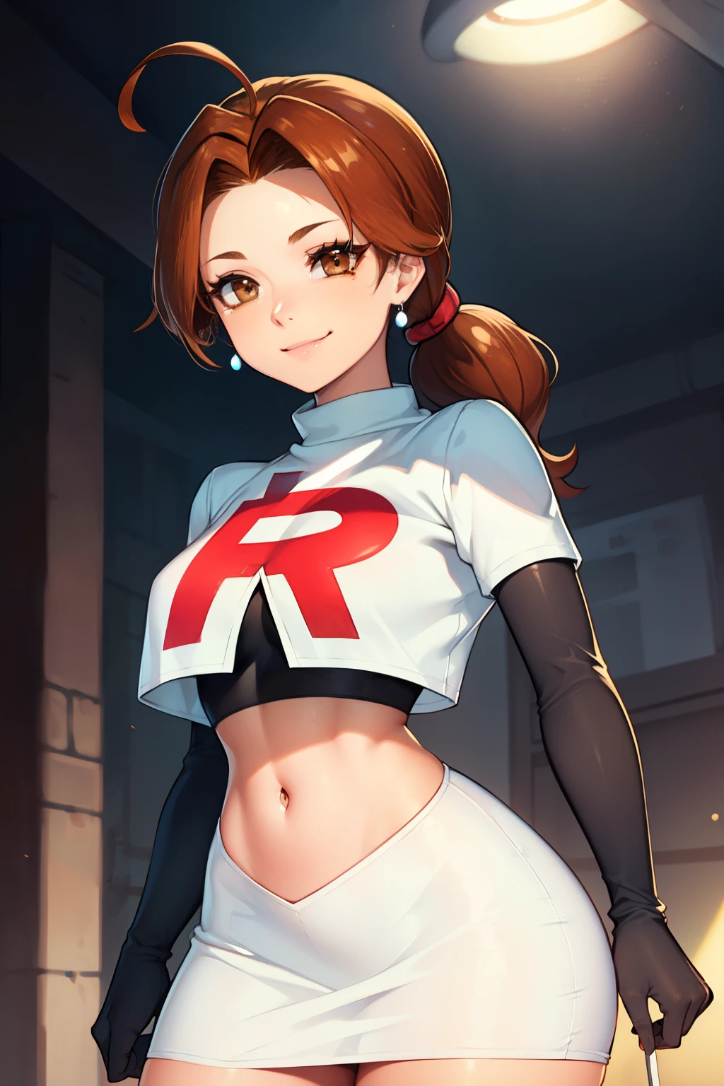 deliaketchum, brown hair, (brown eyes:1.7), parted bangs, (ahoge:1.5), ponytail, low ponytail,glossy lips, light makeup, eye shadow, earrings ,team rocket,team rocket uniform, red letter R, white skirt,white crop top,black thigh-high boots, black elbow gloves, evil smile look,