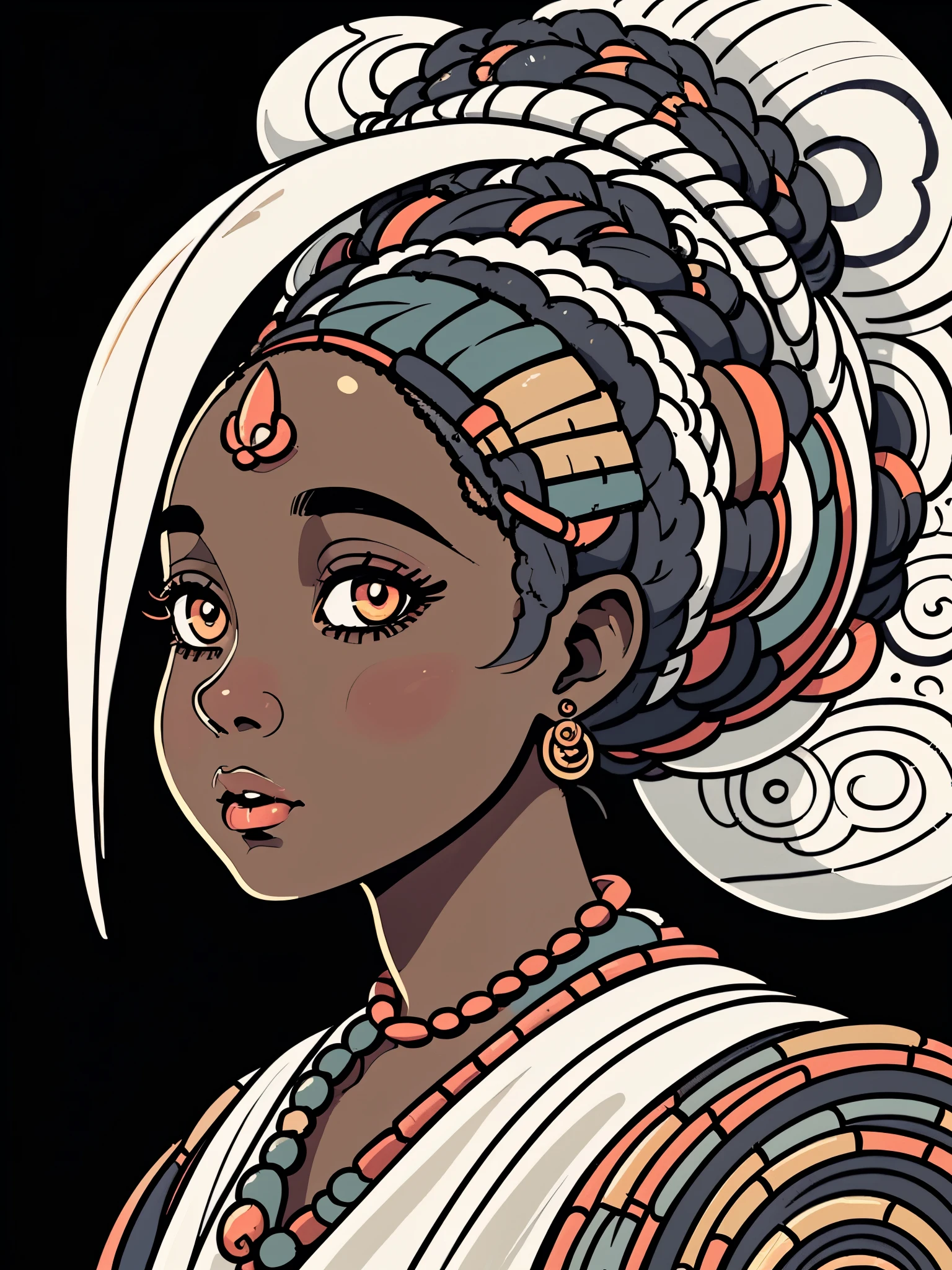 side view portrait of a traditional african woman, traditional african clothes, fancy hair, dark skin, abstract and contemporary style, ((detailed and expressive cartoon eyes)), fine art style, lots of fine lines and shading style, white with muted colour accents, full background with detailed line art