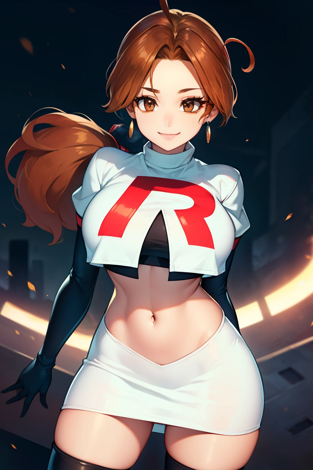 deliaketchum, brown hair, (brown eyes:1.7), parted bangs, (ahoge:1.5), ponytail, low ponytail,glossy lips, light makeup, eye shadow, earrings ,team rocket,team rocket uniform, red letter R, white skirt,white crop top,black thigh-high boots, black elbow gloves, evil smile look,