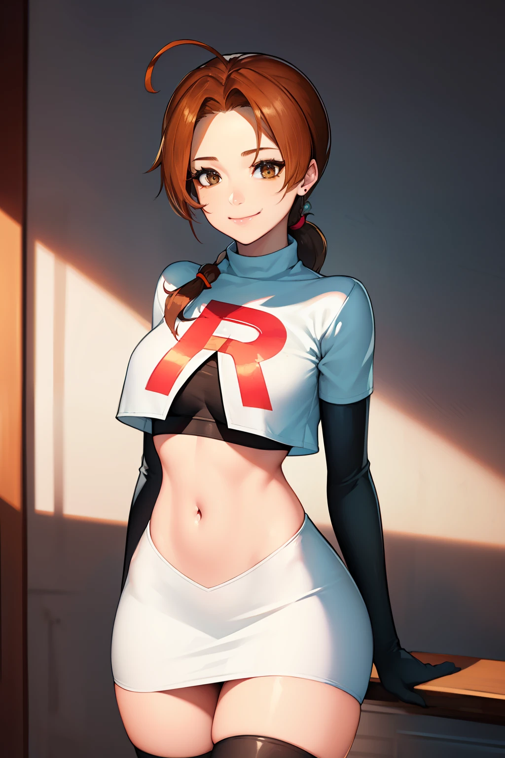 deliaketchum, brown hair, (brown eyes:1.7), parted bangs, (ahoge:1.5), ponytail, low ponytail,glossy lips, light makeup, eye shadow, earrings ,team rocket,team rocket uniform, red letter R, white skirt,white crop top,black thigh-high boots, black elbow gloves, evil smile look,