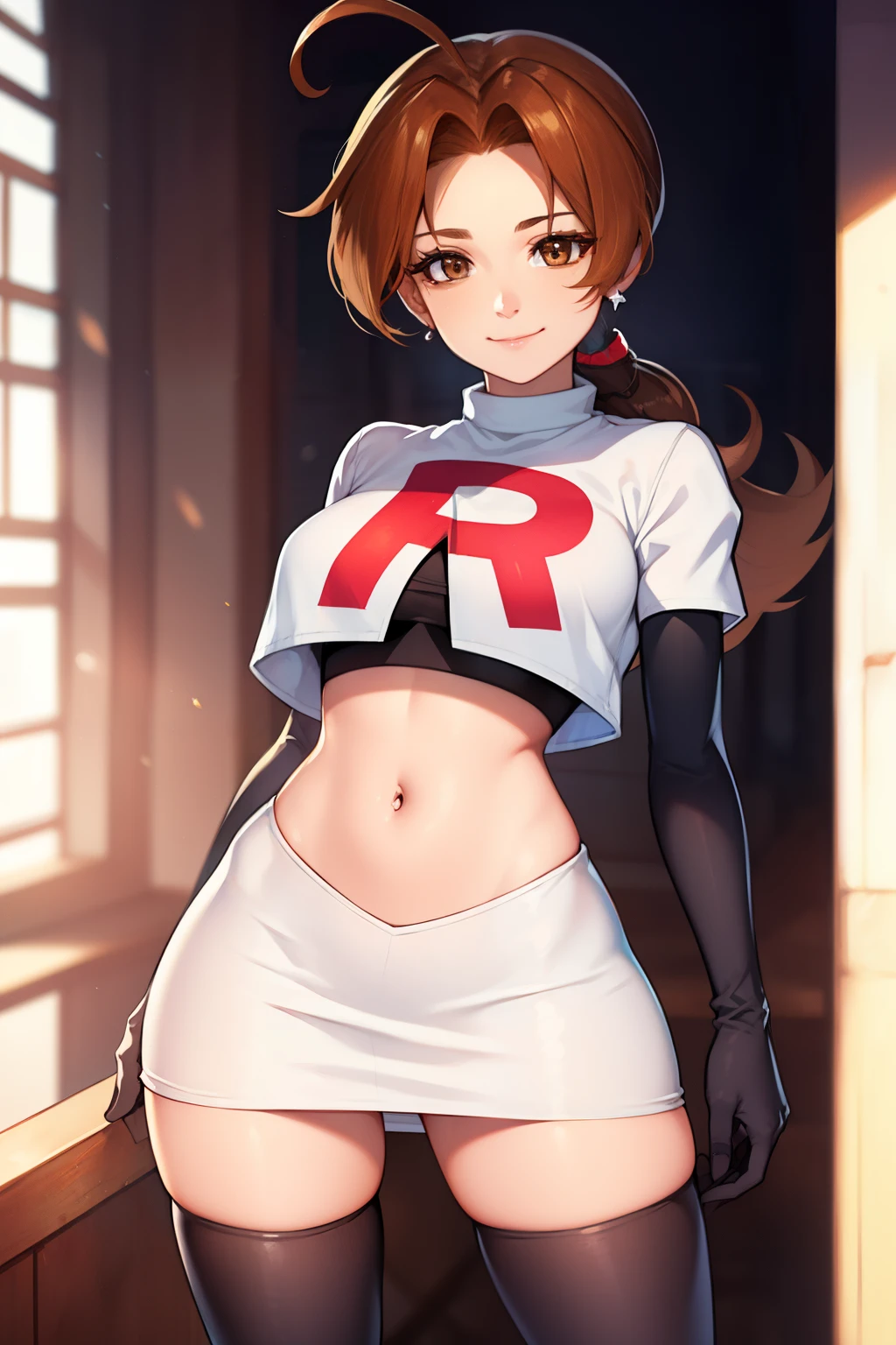 deliaketchum, brown hair, (brown eyes:1.7), parted bangs, (ahoge:1.5), ponytail, low ponytail,glossy lips, light makeup, eye shadow, earrings ,team rocket,team rocket uniform, red letter R, white skirt,white crop top,black thigh-high boots, black elbow gloves, evil smile look,