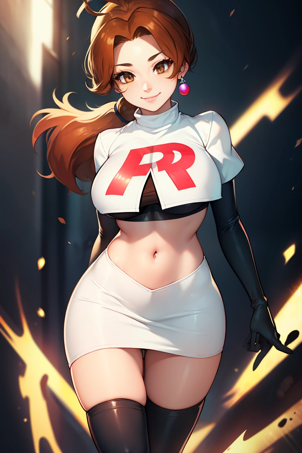 deliaketchum, brown hair, (brown eyes:1.7), parted bangs, (ahoge:1.5), ponytail, low ponytail,glossy lips, light makeup, eye shadow, earrings ,team rocket,team rocket uniform, red letter R, white skirt,white crop top,black thigh-high boots, black elbow gloves, evil smile look,