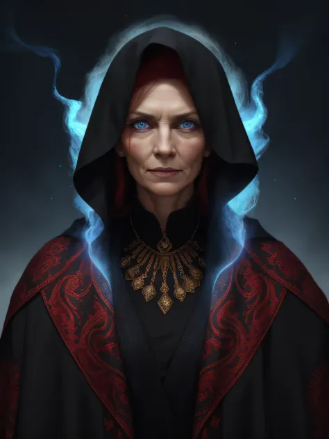 женщина fire mage, middle aged woman, (35-40 per species), very strict and cold in appearance, fire mage, dark detailed backgrou...