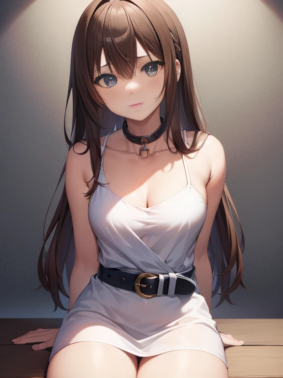 ((masterpiece)), ((best quality)), (ultra-detailed), NSFW, ,((torture chamber)),a cute girl, 1girl, solo, (white mini tanktop dress),(chain bound arms), ((tied to an torture chair)), BDSM,shibari,restrained,((thin waist)),(((single narrow belt bound waist))),beautiful brown hair, beautiful blue eyes, (beautiful eyes), long hair,troubled expression