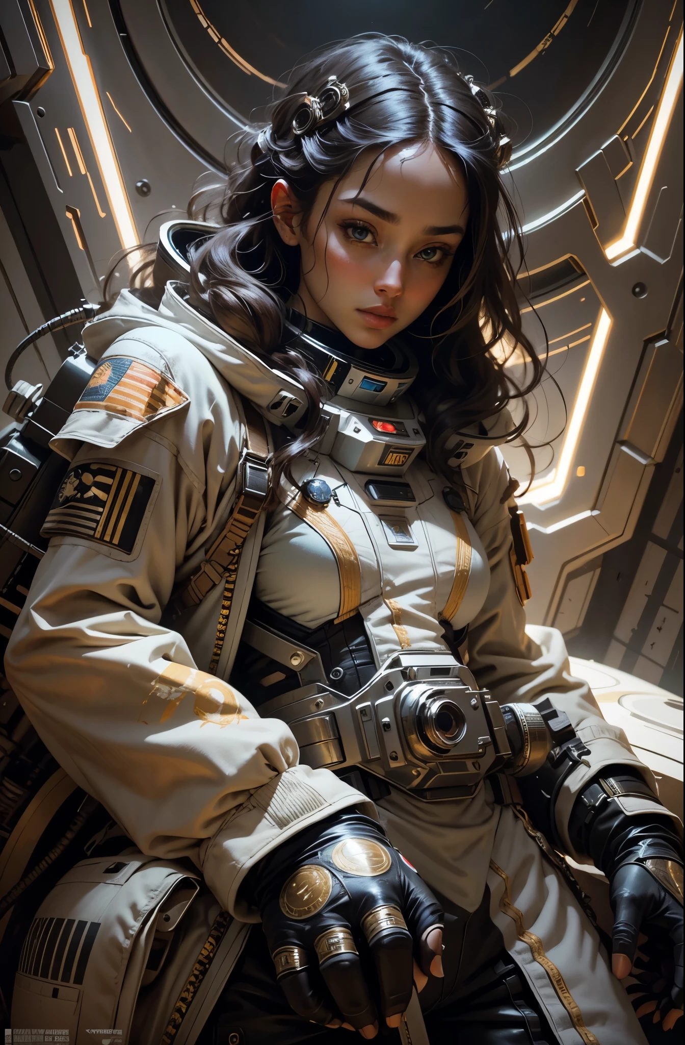 Stunning female in space suit, sci-fi, extremely beautiful piercing eyes, cinematic scene, hero view, action pose, scenery, detailed background, masterpiece, best quality, high quality, intricate, absurdres, very detailed, extremely high resolution, 8k, vivid, colorful, Studio Ghibli xl:1.5>