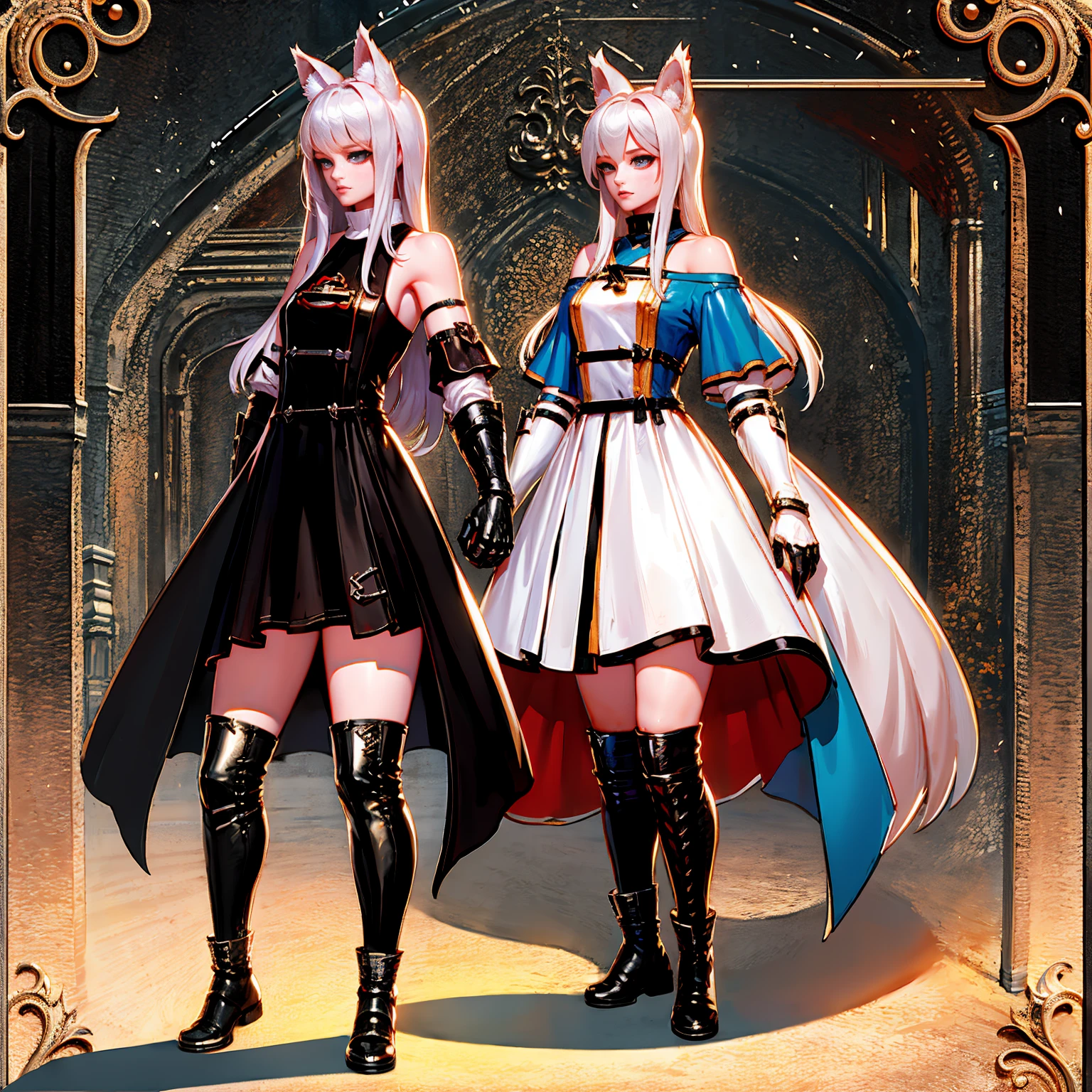 8k, resolution, high quality, high resolution, best quality, best resolution, absurd resolution, ray tracing, high detailed, masterpiece, extremely detailed,shoulder length white hair, female,white 2 wolf ears, teenage girl, slim body, white scale dragon tail,black boots,black leggings, school skirt, white jacket, medium size chest, detailed blue eyes, detailed beautiful face,solo female,1 dragon tail, detailed eyes, tomboyish