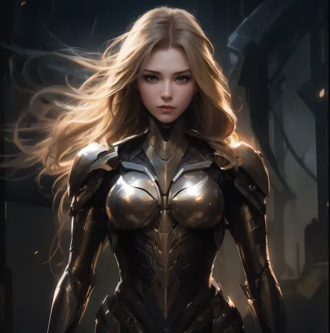 Superhero girl (((golden hair highlights::1))) in sci-fi suit steel tatical armor