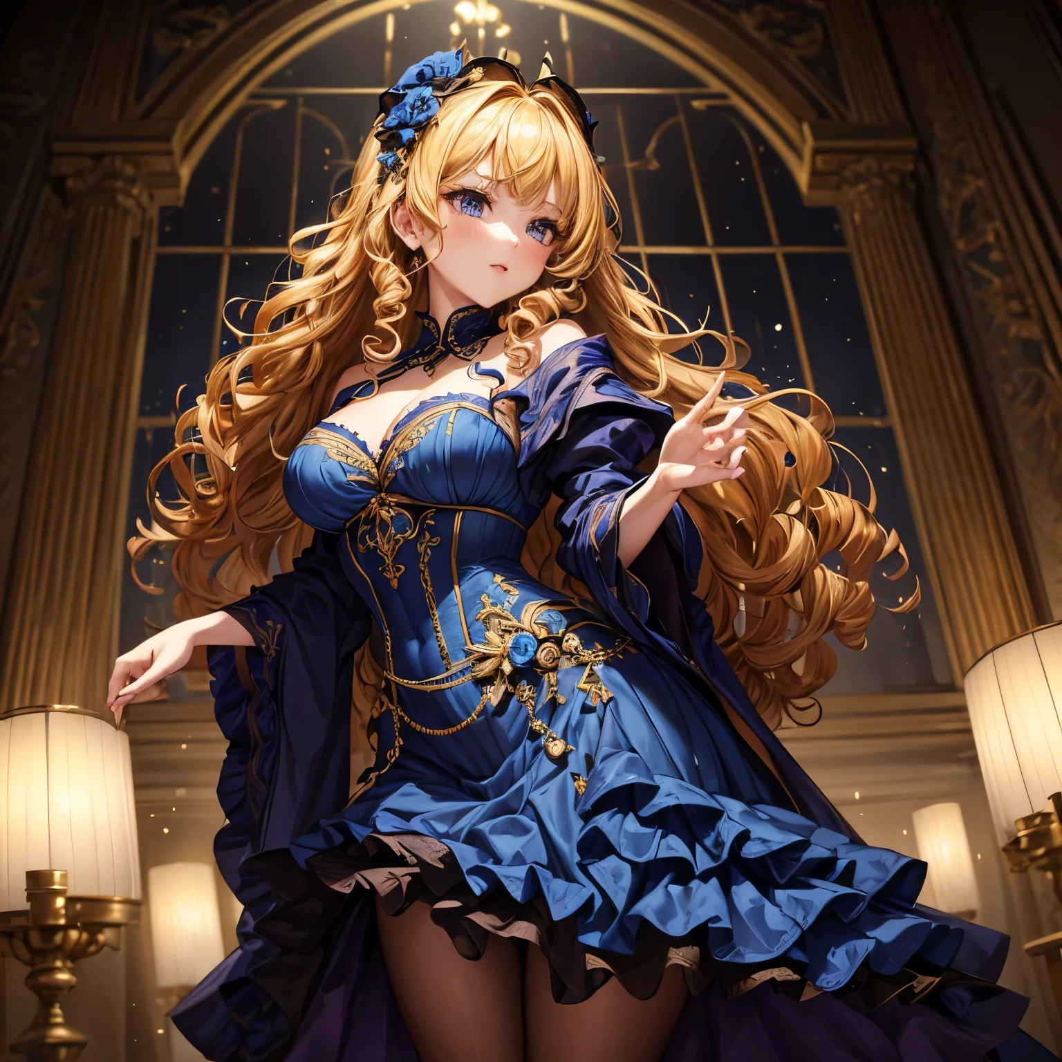 ((best quality)), ((Masterpiece)), (detailed), visage parfait, une fille, yeux bleus ultramarins, tied hair, golden hair, ((curly hair)), Evening dress, robe chic, Tight dress, (((robe noire))), ((style pin-up)), corps avec des formes, grosse poitrine, feast, ambiance festive, Dazzling lights