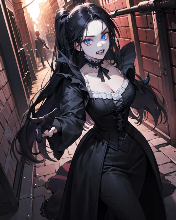 A beautiful vampire with long silky black hair, blue eyes, round face, white face, large bust, a gothic and sadistic vampire, ma...