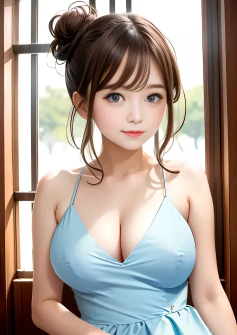 (Professional high quality photography:1.2),  (realism:1.2), shiny brown hair, pretty girl, delicate and beautiful big eyes, bun hair, (flat small bust:1.2), (perfect tits:1.5), look at me, light blue dress,  (bust sharp focus), 