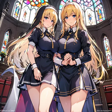 (best quality, In 4K, 8K, High resolution, muste piece:1.2),(two women with different hair lengths),Super detailed, (Reality, photorealistic, photorealistic:1.37),  30 year old woman,ripe woman,((inside a church),muste piece, Top quality, Ultra-fine,maximu...
