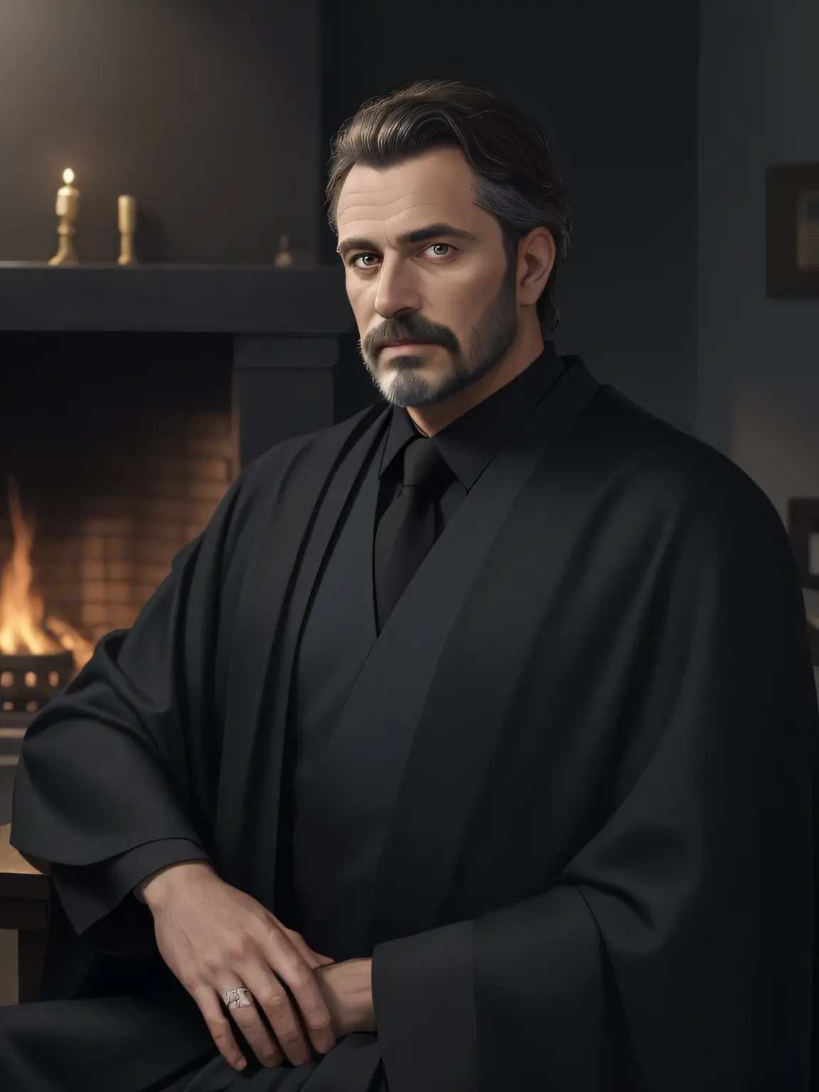 mage, middle-aged man, (35-40 per species), dark hair, facial hair, outwardly strict, fire, dark background, fireplace in the ba...