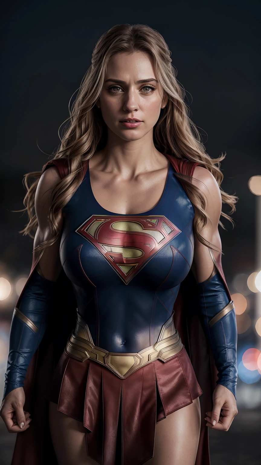 8k , ((chef-d&#39;œuvre:1.1)) , Fille de visage de femme américaine détaillée réaliste , visage de bébé , Costume de Supergirl Mech détaillé réaliste bleu-rouge , Cape de Supergirl , Sans manches , poitrine colossale , ((Muscles:1.3)) , corps en sueur , Extrêmement réaliste détaillé , Fond extérieur du chaos , Scène country américaine , ((bokeh:1.1)) , Regardez le spectateur , Visage énervé