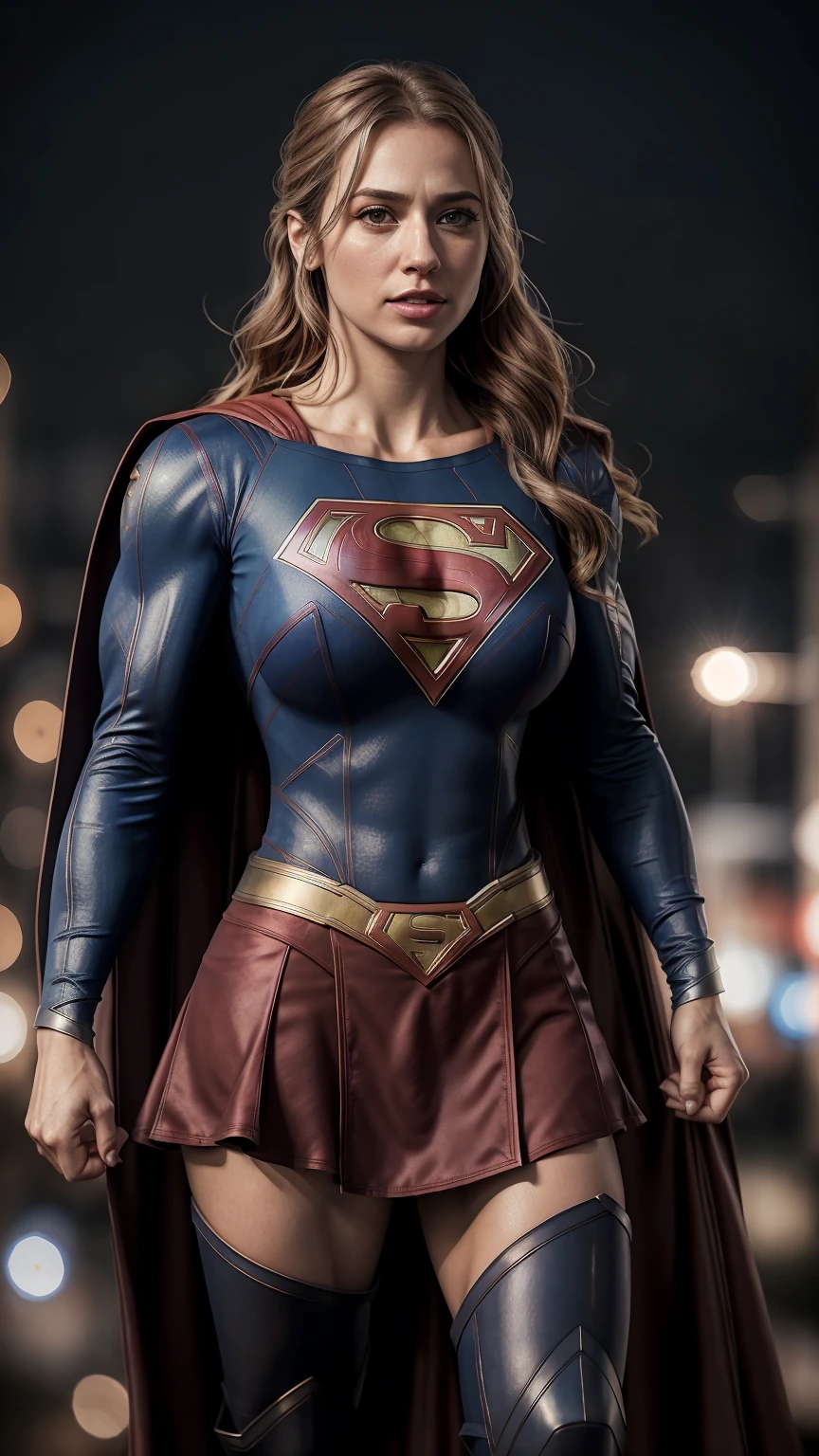 8k , ((masterpiece:1.1)) , Realistic Detailed American Woman, Baby Face , full figure, Blue-Red Realistic Detailed Mech Supergirl Costume , Supergirl Cloak , Sleeveless , Colossal Breast , ((muscles:1.3)) , Sweaty Body , Extremely Realistic Detailed , Chaos Outdoor Background , America Country Scene , ((bokeh:1.1)) , Look to Viewer , Angry Face