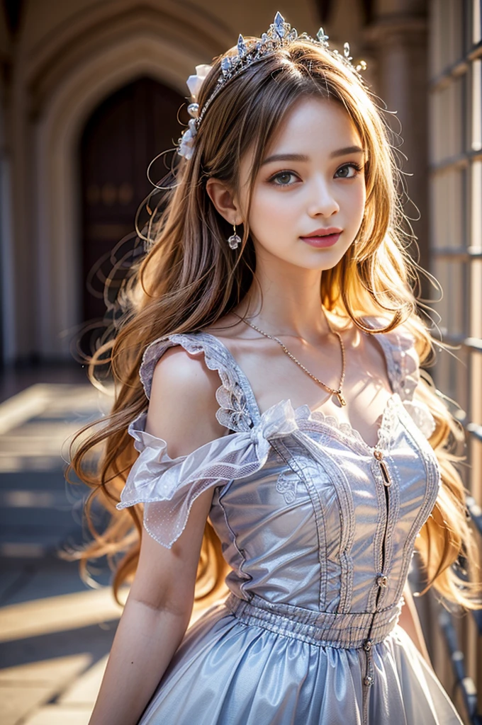 ((RAW shooting:1.5, realistic:1.5, 8k, highest quality, masterpiece, ultra high resolution)), Interior of a luxurious French royal palace, professional camera work:1.3, Highly detailed skin and facial textures:1.3, glow light effect, Super detailed:1.3, 1 cute  polish girl, Fair skin, Glossy skin, (elegant:1.4, small face), Ultimate Cute Face:1.5, (Eyes that give a sense of cleanliness:0.9, looking far away), smile:1.0, (mouth is slightly open:0.4, Clean and refreshing taste:0.7), double eyelid, Super long blonde Nagoya curl hair, tiara, necklace and earrings, ((How to wear an elegant and shiny satin princess dress off the shoulders correctly)), cowboy shot