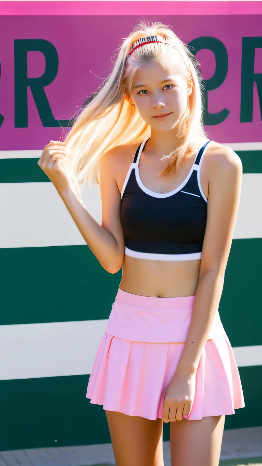 Blonde woman in a black and white top and pink skirt - SeaArt AI