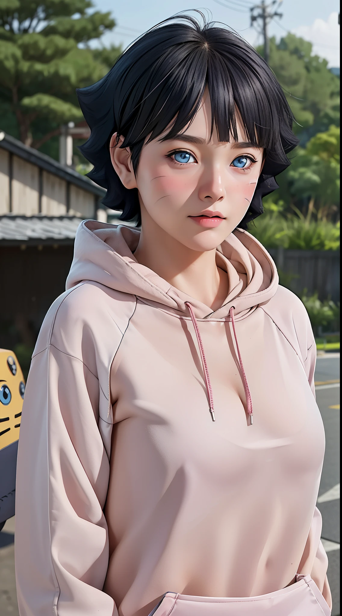 masterpiece, top quality, highly detailed, 1girl, upper body,
short hair, black hair, blue eyes,
Wearing a yellow Hoodie, Streetwear, full of style,
medium breasts, cool attitude
looking at the audience, cute face ,(Uzumaki Himawari)
 in anime (Boruto:Naruto Next Generation, photo realistic, very detailed, perfect realistic, short hair, black hair, blue eyes, beautiful, sexy body, standard body, big breasts, realistic clothes, detailed clothes, outdoor background, very detailed, realistic characters, beautiful face, cute face, perfect skin, glowing, super realistic photo , on the right and left cheeks there are ,two rows of cat whiskers very clear/super details ,detailed analysis , (Uzumaki Himawari:Cat Whiskers) eyes , short front bangs hairstyle , sweet expression ,sharp Chin , thin cheeks , thin pink lips