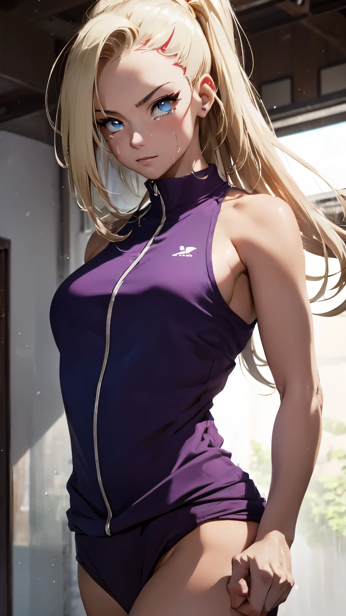 Ino Yamanaka do anime Naruto, parecendo sexy (choro), com tinta escorrendo. Ela é uma garota de 23 anos vestindo roupas esportivas. Ela está chutando um manequim na cara. A cena se passa em um dojo com chuva caindo ao fundo. O prompt deve ter a melhor qualidade e resolução de 8K. A imagem deve ser ultradetalhada, realista, e tem cores vivas. O estilo de arte deve ser anime, e o tom geral da cor deve ser vibrante. A iluminação deve ser dinâmica e destacar a ação.
