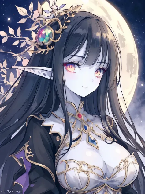 (masterpiece,best quality,ultra-detailed),1girl,tall girl,pale skin, pointy ears, nightmare:1.2,ancien elf:1.4, elder,delicate, beautiful, mystical,surreal, fantasy clothing,dress,beautiful and detailed face, detailed eyes,looking at viewer, multicolored e...