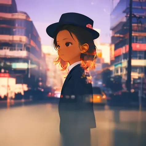 girl doing magic on the street、tuxedo、silk hat、stronger blur、multiple exposure