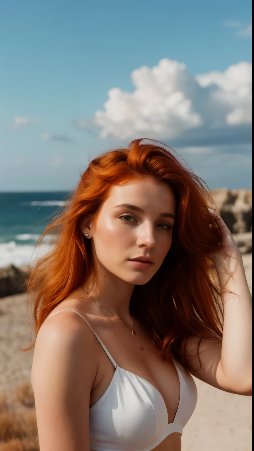 une photographie d&#39;une femme rousse aux tresses balayées par le vent, ses cheveux emmêlés comme des flammes sur un ciel crépusculaire, émanant d&#39;une beauté indomptée