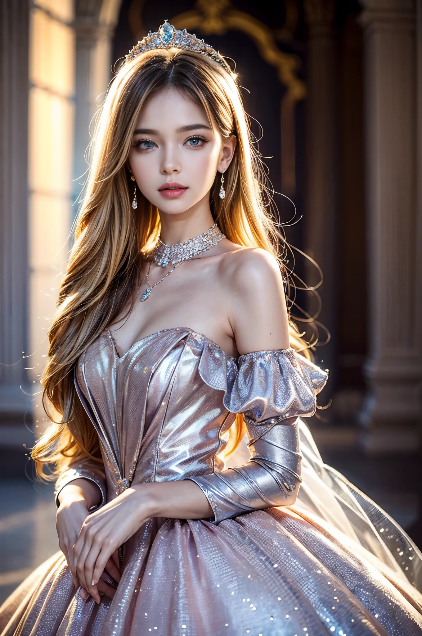 ((RAW shooting:1.5, realistic:1.5, 8K, highest quality, masterpiece, ultra high resolution)), Interior of a French royal palace, professional camera work:1.3, Highly detailed skin and facial textures:1.3, glow light effect, Super detailed:1.3, 1 cute  polish girl, Fair skin, Glossy skin, (Transparency:1.4, small face), Ultimate Cute Face:1.5, (Transparent eyes:0.9, looking far away), smile:1.0, (mouth is slightly open:0.4, Transparent taste:0.7), double eyelid, super long up blonde hair, tiara, necklace and earrings, ((How to properly wear an elegant and shiny satin princess dress off the shoulder)), cowboy shot