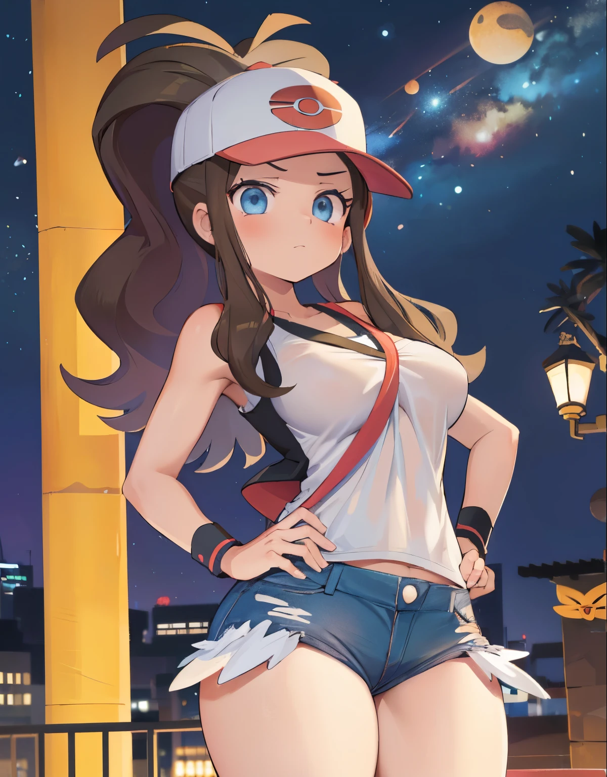 ((The best quality, Highly detailed, Masterpiece)) 4k, 1girl, perfect eyes, detailed eyes, pokemon hilda, def1, curvy, plump thighs, visible thighs, thighs thighs, thick thighs, detailed eyes, sitting on his legs, annoyed look, metropolis, street corner, night, intense colours, looking to the camera