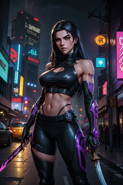 linda mulher, anti-hero wearing black and purple uniform, laser katana sword in hand, pele branca, cabelo preto comprido, retrat...