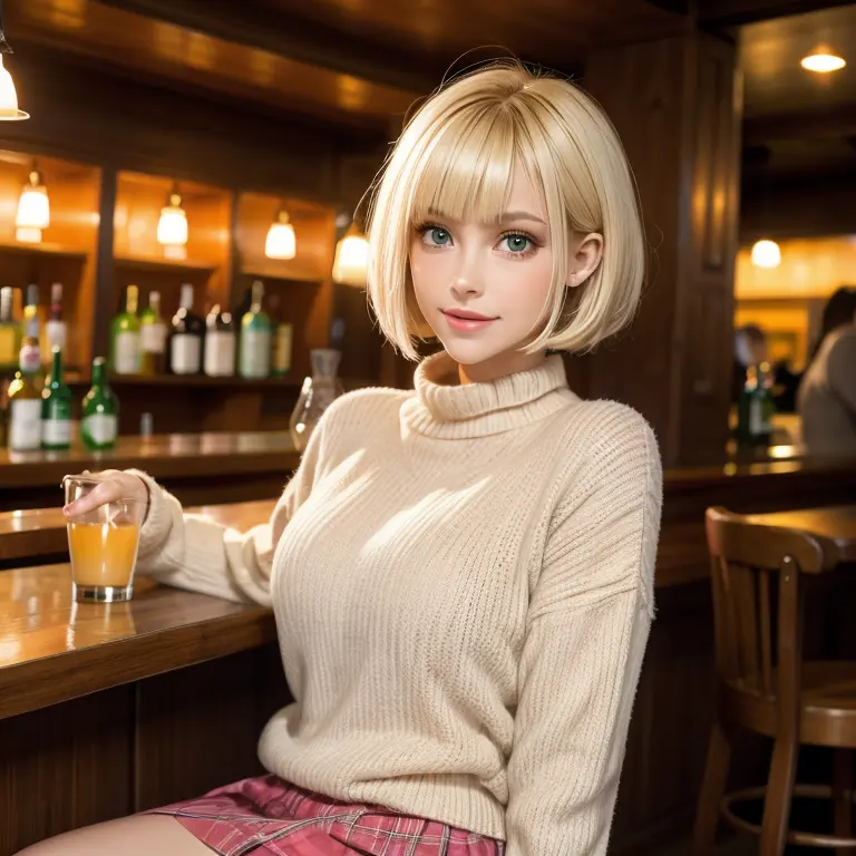 Beautiful woman blonde short hair with bangs pink lips light eyes orange wool sweater short green plaid skirt sitting in bar hap...