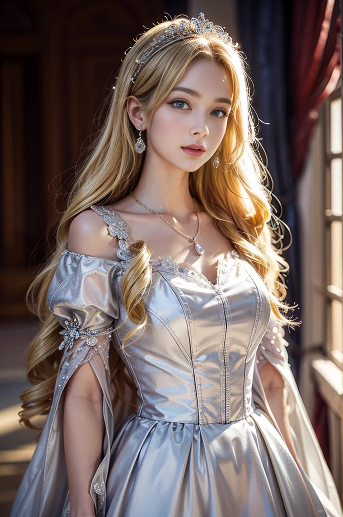 ((RAW shooting:1.5, realistic:1.5, 8k, highest quality, masterpiece, ultra high resolution)), Interior of a luxurious French royal palace, professional camera work:1.3, Highly detailed skin and facial textures:1.3, glow light effect, Super detailed:1.3, 1 cute  polish girl, Fair skin, Glossy skin, (elegant:1.4, small face), Ultimate Cute Face:1.5, (Clean eyes:0.9, looking far away), smile:1.0, (mouth is slightly open:0.4, Clean and refreshing taste:0.7), double eyelid, ((Super long blonde Nagoya curly hair)), tiara, necklace and earrings, ((How to wear an elegant and shiny satin princess dress off the shoulders correctly)), How big is your chest?, cowboy shot