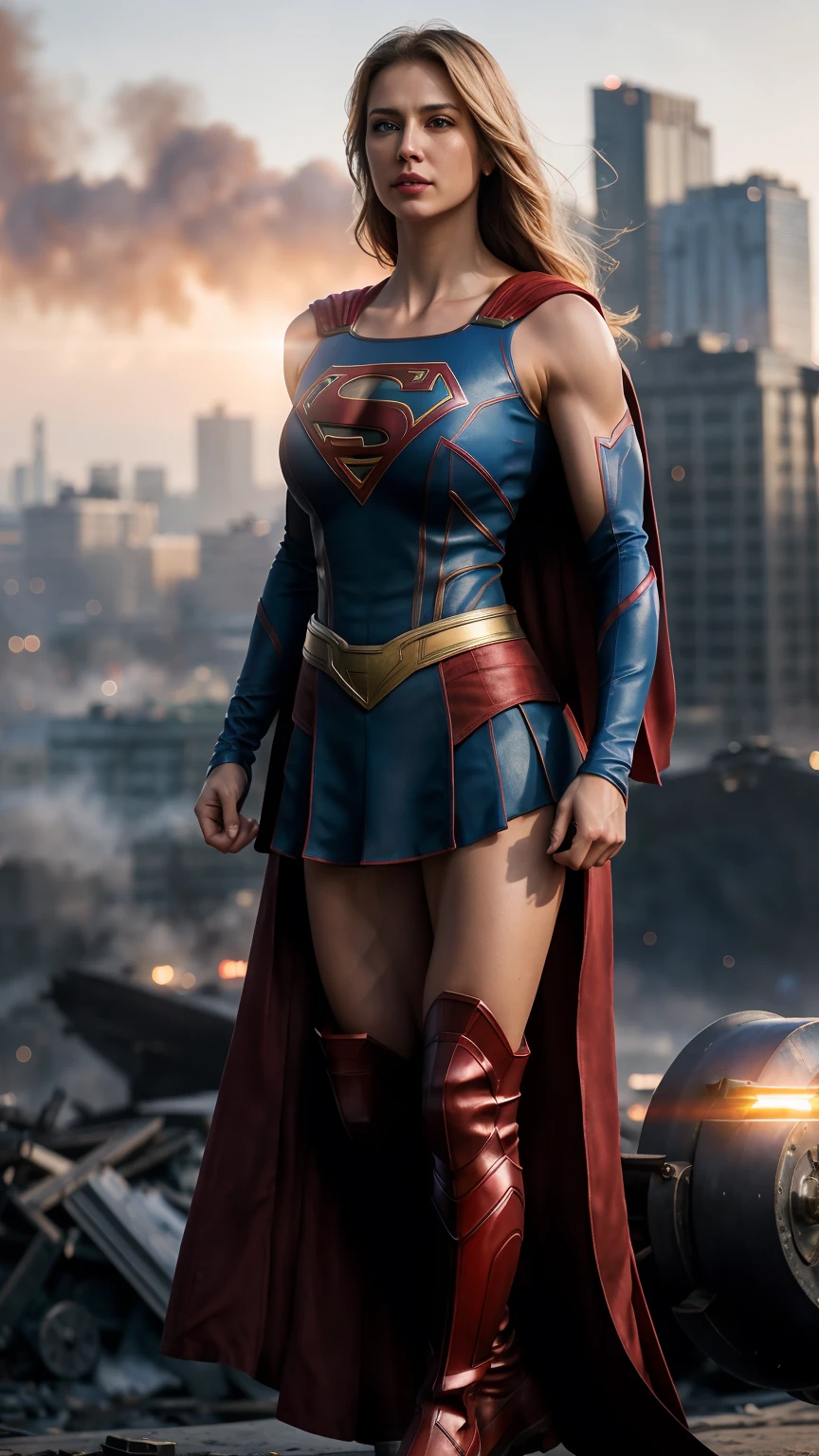 8k , ((masterpiece:1.1)) , Realistic Detailed American Woman, ((show full height)), Blue-Red Realistic Detailed Mech Supergirl Costume , Supergirl Cloak , Sleeveless , Colossal Breasts, ((muscles:1.3)) , Sweaty Body , Extremely Realistic Detailed , ((very big breasts)), Chaos Outdoor Background, ((bokeh:1.1)), ((city destruction in background)), lightening