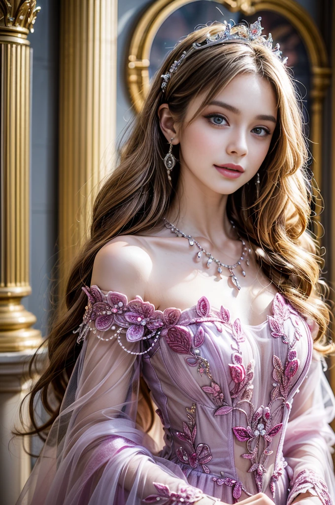 ((RAW shooting:1.5, realistic:1.5, 8K, highest quality, masterpiece, ultra high resolution)), Interior of a luxurious French royal palace, professional camera work:1.3, Highly detailed skin and facial textures:1.3, glow light effect, Super detailed:1.3, 1 cute 15 year old polish girl, Fair skin, Glossy skin, (elegant:1.4, small face), Ultimate Cute Face:1.5, (Eyes that give a sense of purity:0.9, looking far away), smile:1.0, (mouth is slightly open:0.4, Clean and refreshing taste:0.7), double eyelid, ((super long blonde curly hair)), tiara, necklace and earrings, ((elegantで光沢のあるサテンのプリンセスドレスをオフショルダーで正しく着こなす方法)), Breast size is medium, cowboy shot