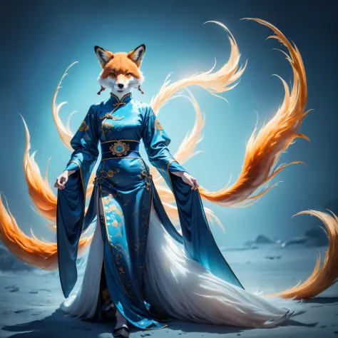 (best quality,4k,8k,highres,masterpiece:1.2),ultra-detailed, Chinese fox spirit, blue traditional Chinese dress, HDR, 8k, absurd...