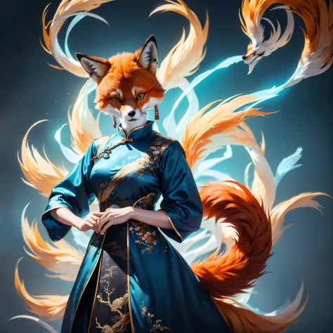 (best quality,4k,8k,highres,masterpiece:1.2),ultra-detailed, chinese fox spirit, blue traditional chinese dress, hdr, 8k, absurd...