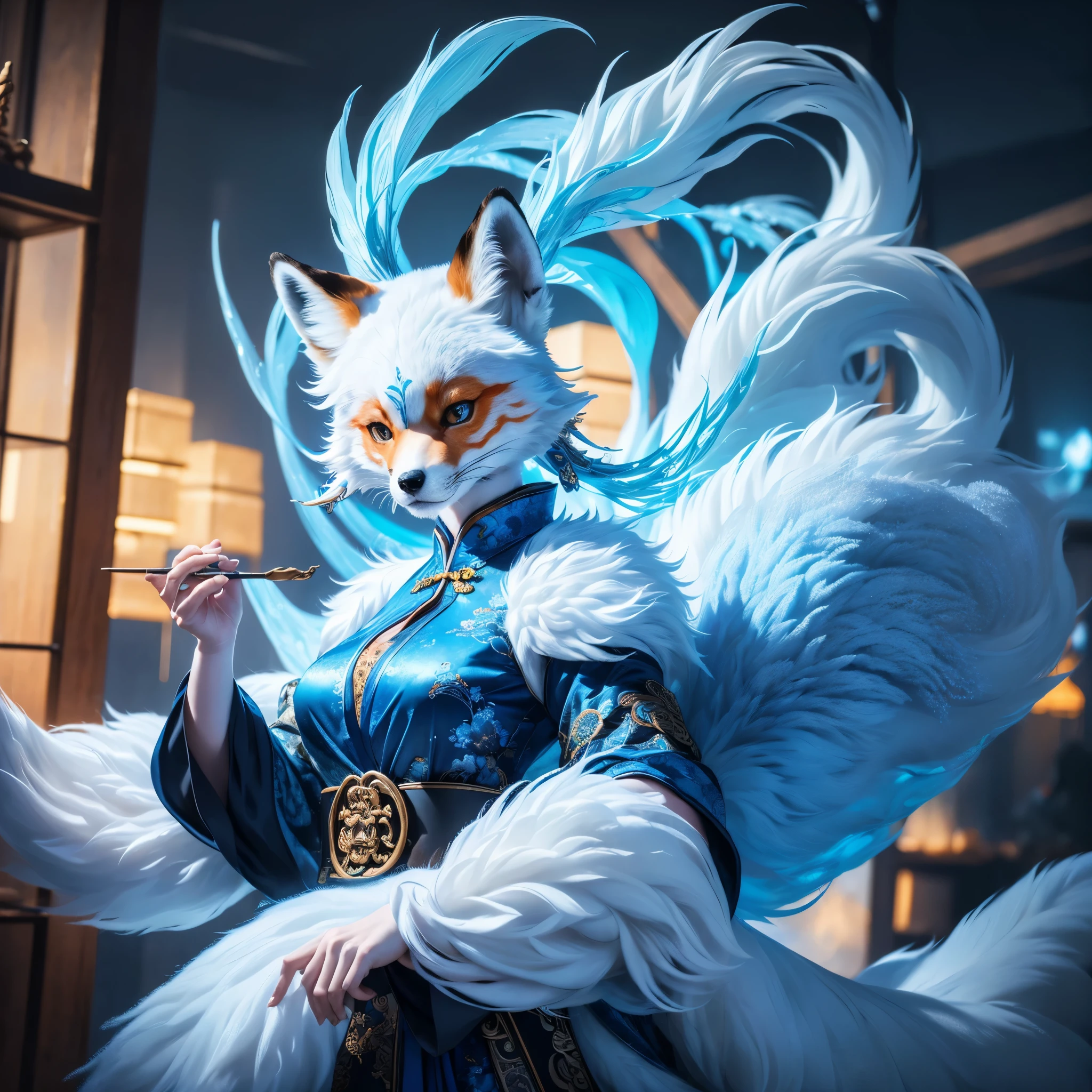 (best quality,4k,8k,highres,masterpiece:1.2),ultra-detailed, Chinese fox spirit Su Daji, blue traditional Chinese dress, HDR, 8k, absurdres, cinestill 800, sharp focus