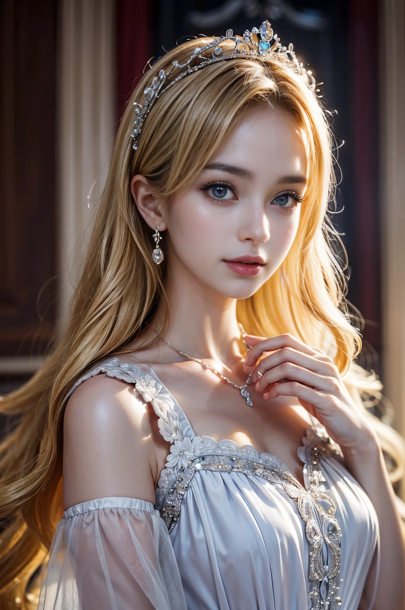 ((RAW shooting:1.5, realistic:1.5, 8k, highest quality, masterpiece, ultra high resolution)), Interior of a luxurious French royal palace, professional camera work:1.3, Highly detailed skin and facial textures:1.3, glow light effect, Super detailed:1.3, 1 cute  polish girl, Fair skin, Glossy skin, (elegant:1.4, small face), Ultimate Cute Face:1.5, (Clean eyes:0.9, looking far away), smile:1.0, (mouth is slightly open:0.4, Clean and refreshing taste:0.7), double eyelid, ((Super long blonde Nagoya curly hair)), tiara, necklace and earrings, ((How to wear an elegant and shiny satin princess dress off the shoulders correctly)), How big is your chest?, cowboy shot