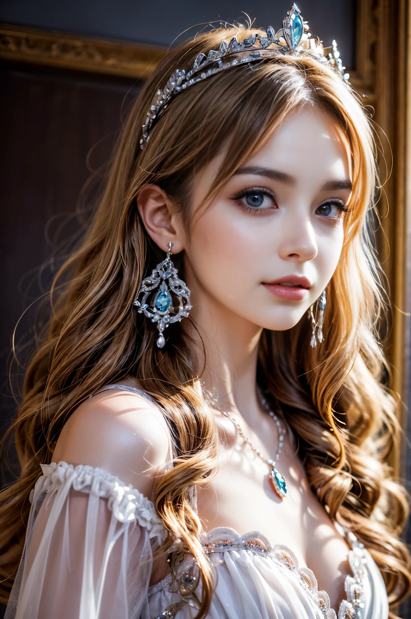 ((RAW shooting:1.5, realistic:1.5, 8K, highest quality, masterpiece, ultra high resolution)), Interior of a luxurious French royal palace, professional camera work:1.3, Highly detailed skin and facial textures:1.3, glow light effect, Super detailed:1.3, 1 cute 15 year old polish girl, Fair skin, Glossy skin, (elegant:1.4, small face), Ultimate Cute Face:1.5, (Eyes that give a sense of purity:0.9, looking far away), smile:1.0, (mouth is slightly open:0.4, Clean and refreshing taste:0.7), double eyelid, ((super long blonde curly hair)), tiara, necklace and earrings, ((elegantで光沢のあるサテンのプリンセスドレスをオフショルダーで正しく着こなす方法)), how big is your chest?, cowboy shot