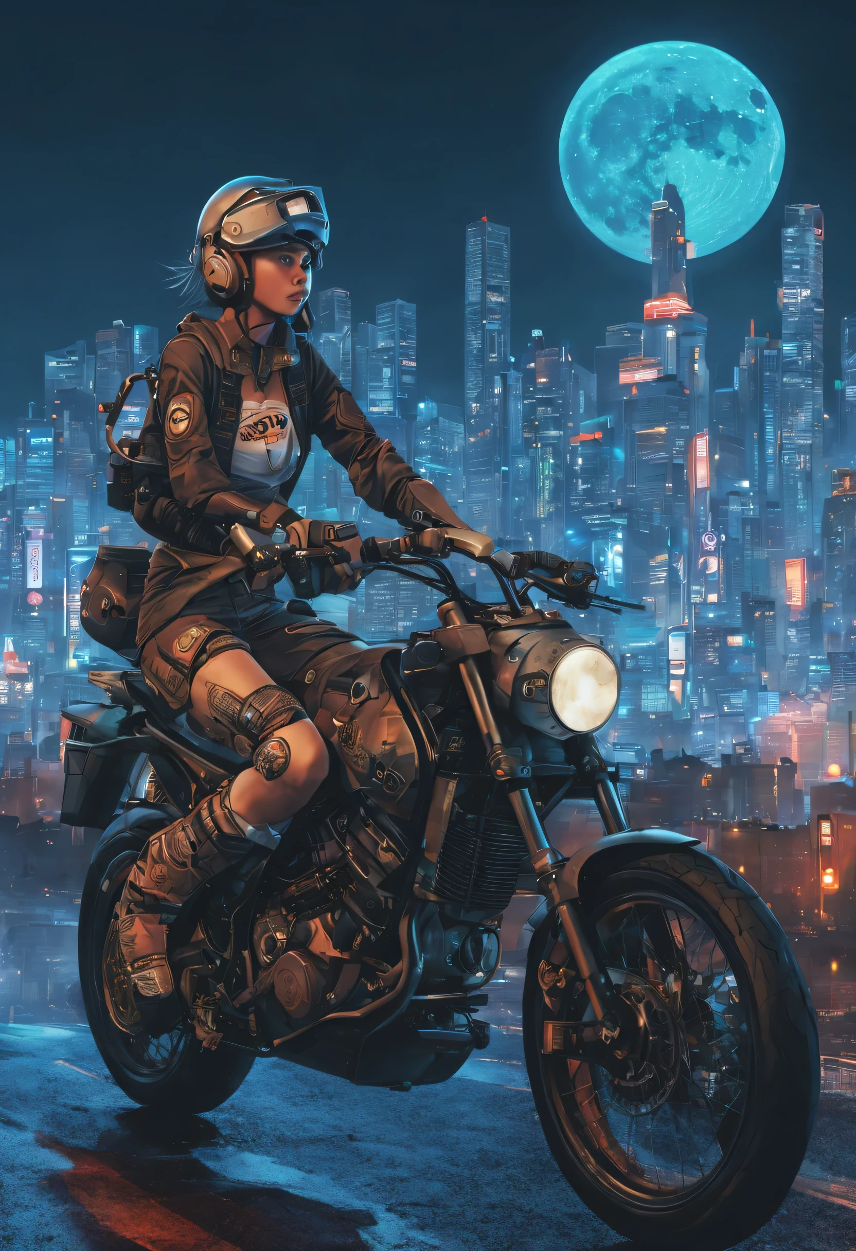  best quality, masterpiece, colour anime, 4K, realistic, highly detailed, 1girl riding motobike, techwear, cyberpunk city, solo, futuristic, huge moon in the background, by Katsuhiro Otomo,