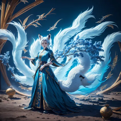 (best quality,4k,8k,highres,masterpiece:1.2),ultra-detailed, Chinese fox spirit Su Daji, blue traditional Chinese dress, HDR, 8k...