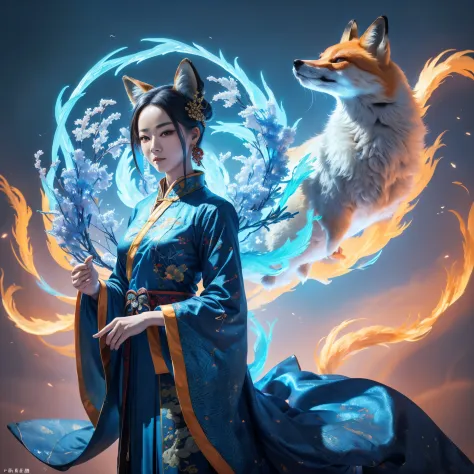 (best quality,4k,8k,highres,masterpiece:1.2),ultra-detailed, chinese fox spirit su daji, blue traditional chinese dress, hdr, 8k...